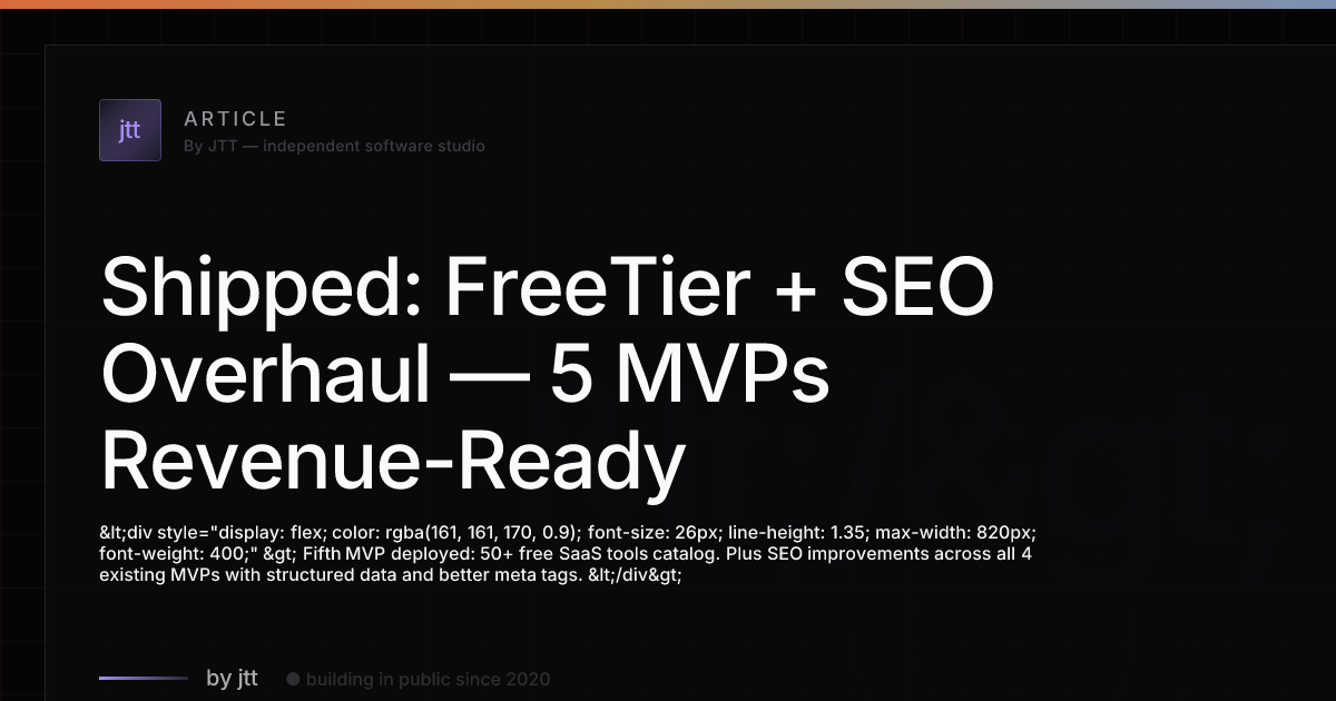 Shipped: FreeTier + SEO Overhaul — 5 MVPs Revenue-Ready